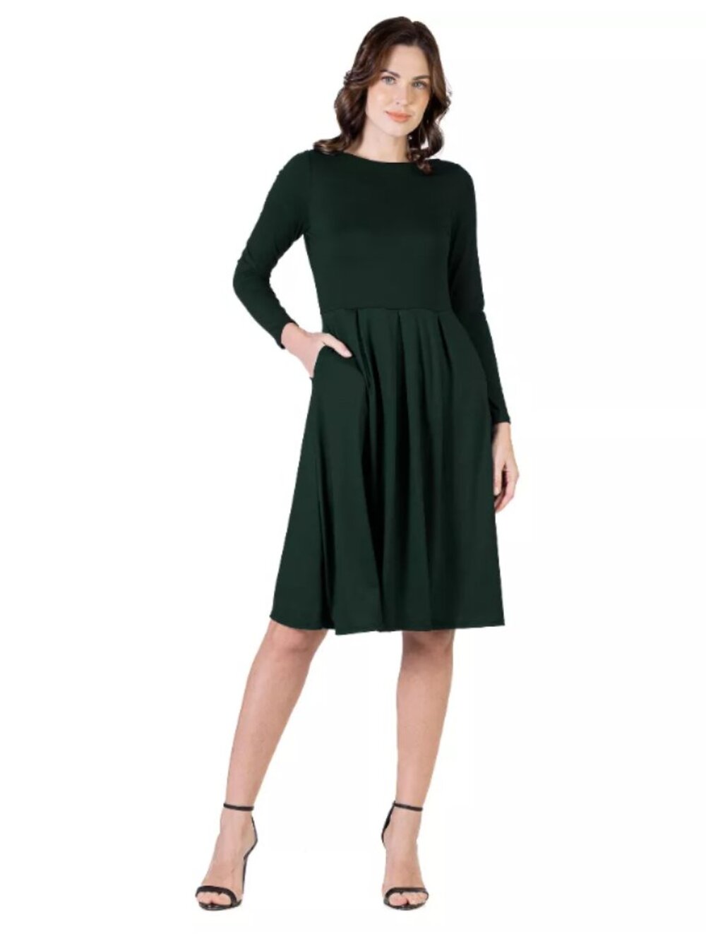 24seven Comfort Apparel Womens Round Neck Long Sleeve Pleated Fit N Flare Pocket